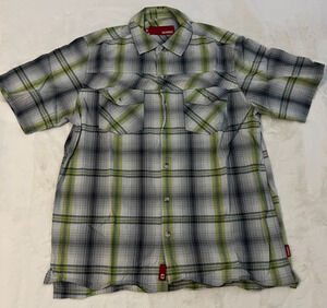 Gramicci Mens M Plaid Button Up Shirt Gray Green Short Sleeve Outdoor Casual Top